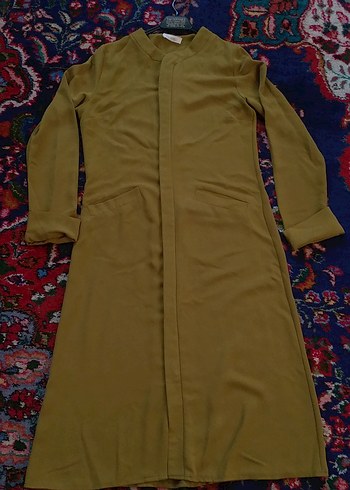 Kadın Yağ Yeşili Uzun Salaş Krep Kaban - Görsel 9