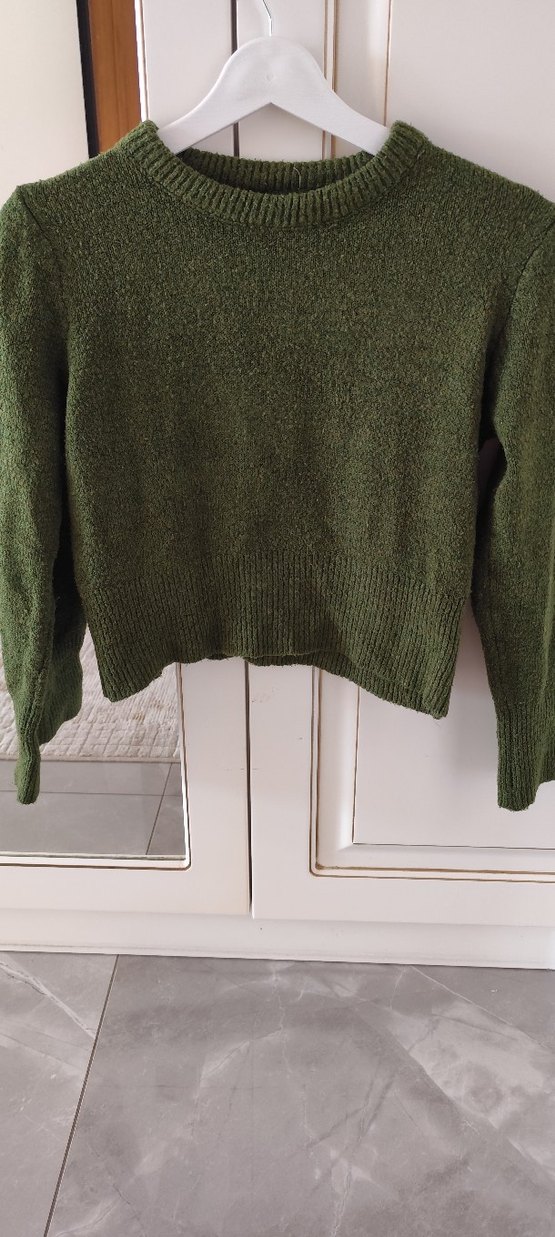 Kadın Yeşil Triko Bisiklet Yaka Kazak - Görsel 2