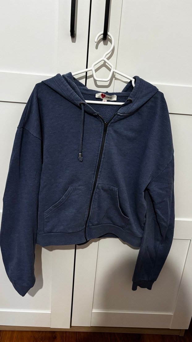 Kadın Mavi Kapüşonlu Salaş Sweatshirt - Görsel 3