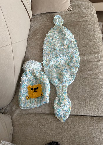 1-2 Yaş, 19 cm Beden Turkuaz Renkli Nakışlı Örgü Bere ve Atkı Seti