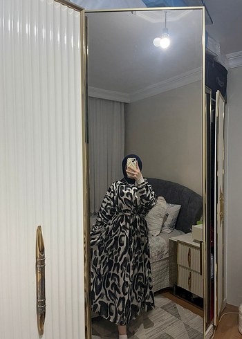 Siyah Zebra Desenli Uzun Kadın Salaş Elbise - Görsel 4