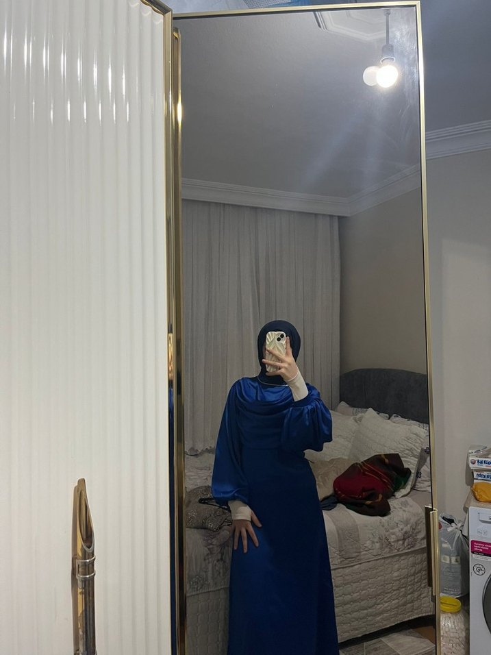 Kadın Mavi Saten Salaş Şal - Görsel 2