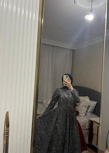 Gri Nakışlı Uzun Kollu Uzun Elbise - Görsel 2