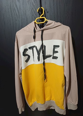 Sarı Gri Kapüşonlu Oversize Sweatshirt