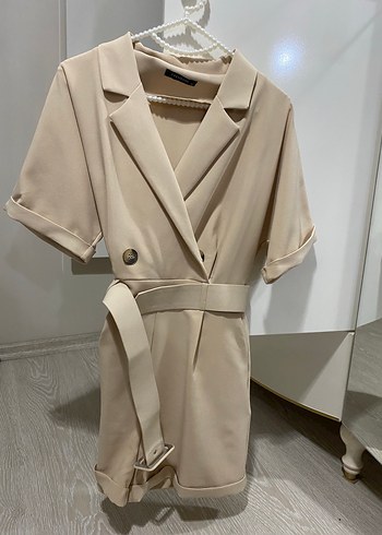 Kadın Kemerli Kısa Tulum - Camel Renk - Görsel 3