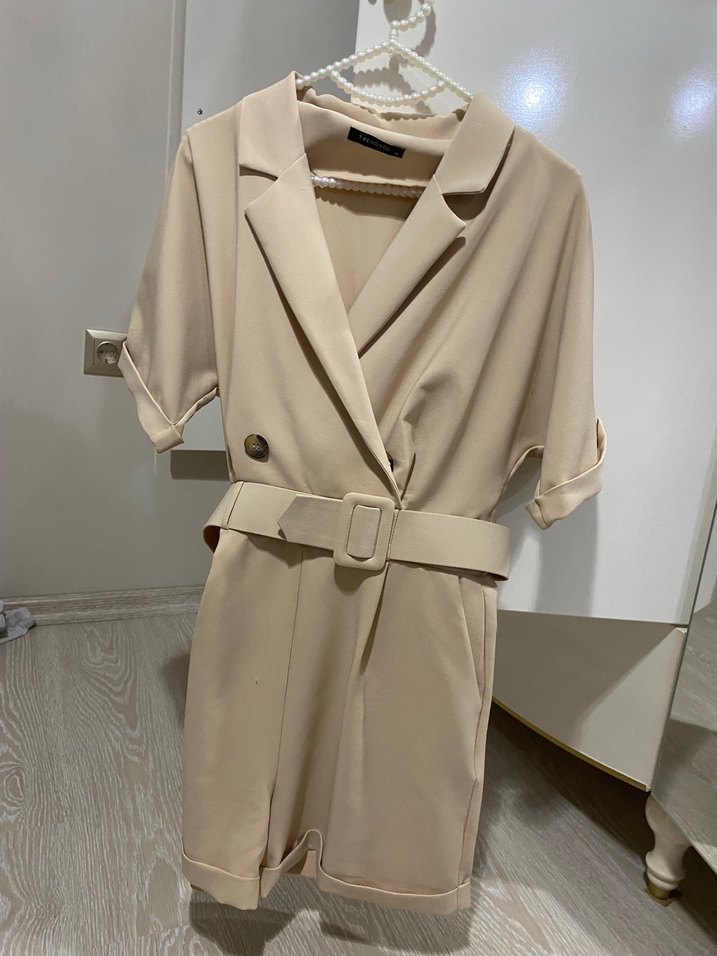 Kadın Kemerli Kısa Tulum - Camel Renk - Görsel 5