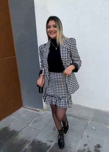 Kadın Siyah Ekose Kemerli Mini Blazer - Görsel 3