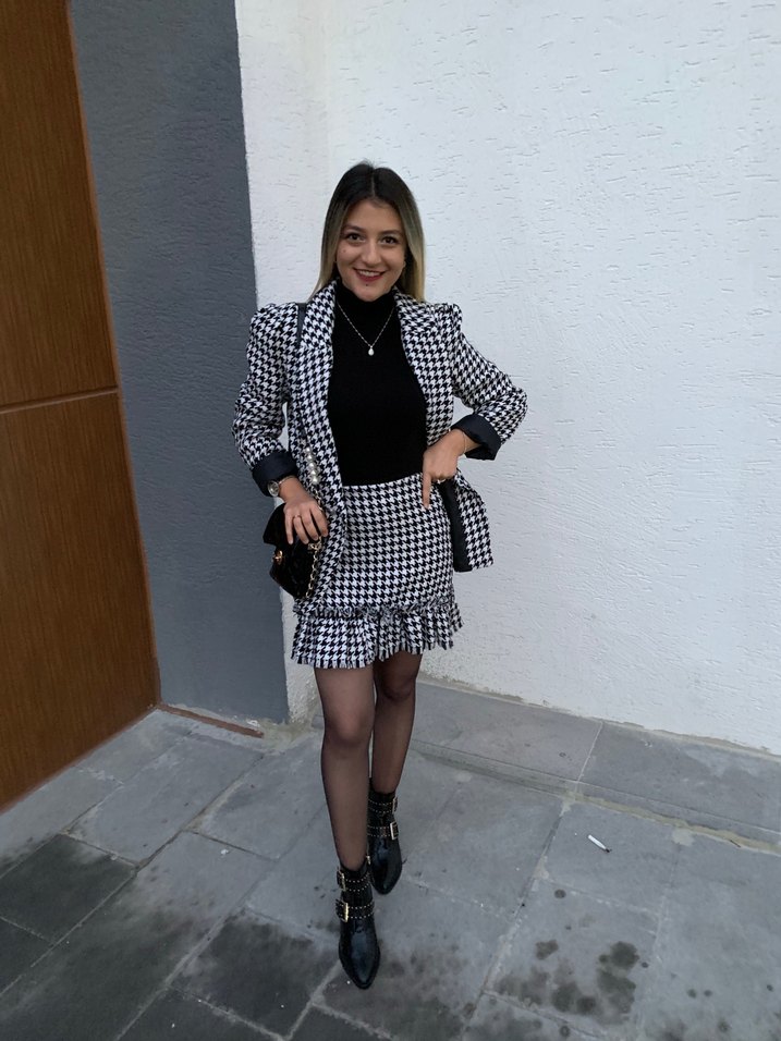 Kadın Siyah Ekose Kemerli Mini Blazer - Görsel 2