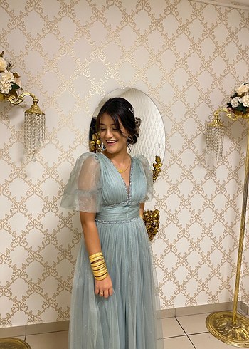 Mavi Nakışlı Drapeli Uzun Abiye Elbise - Görsel 2