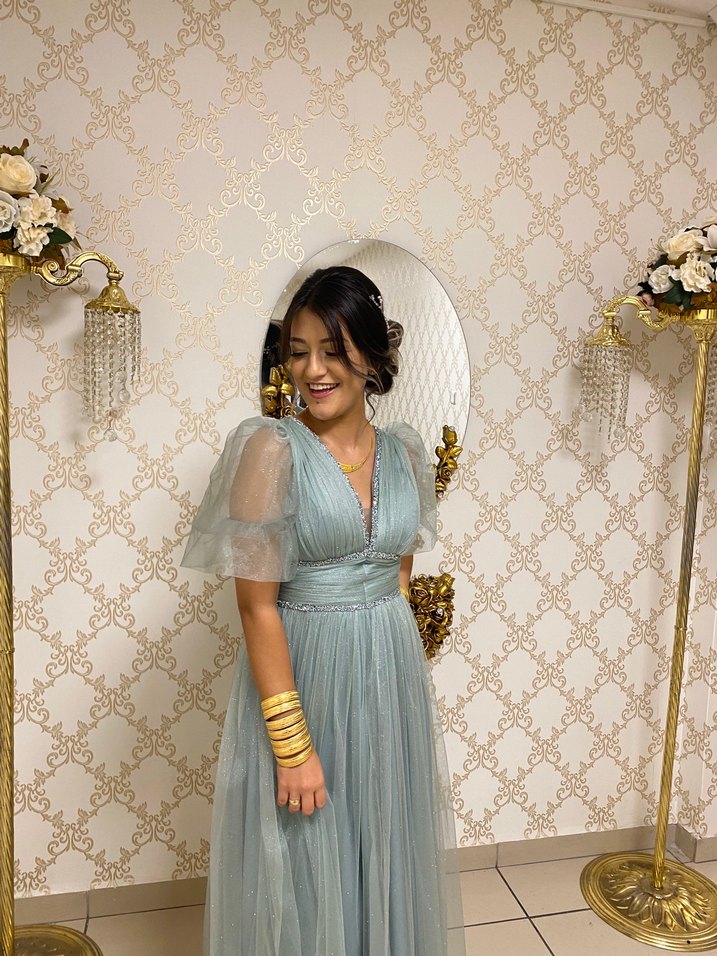 Mavi Nakışlı Drapeli Uzun Abiye Elbise - Görsel 2