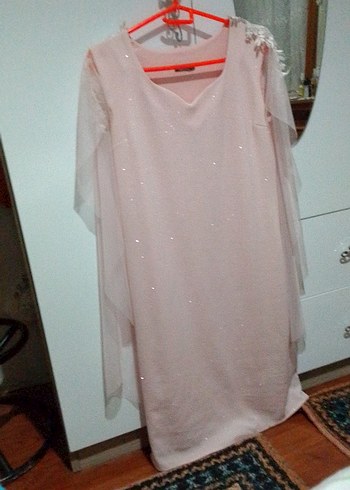 Pembe Midi V Yaka Drapeli Abiye Elbise