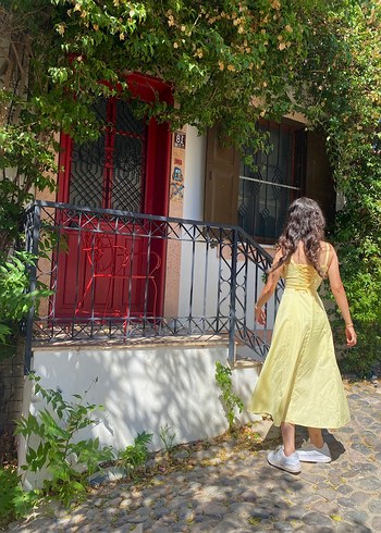 Diğer Sarı Straplez Uzun Bohem Elbise