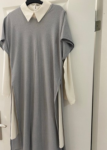 Gri Uzun Kollu Yüksek Yaka Triko Elbise - Görsel 3