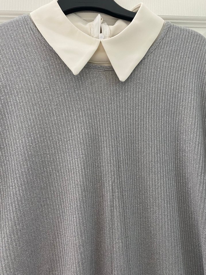 Gri Uzun Kollu Yüksek Yaka Triko Elbise - Görsel 2
