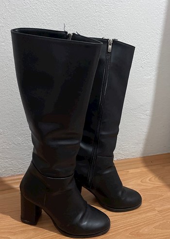 Siyah Deri Diz Üstü Topuklu Kadın Çizme - Görsel 5