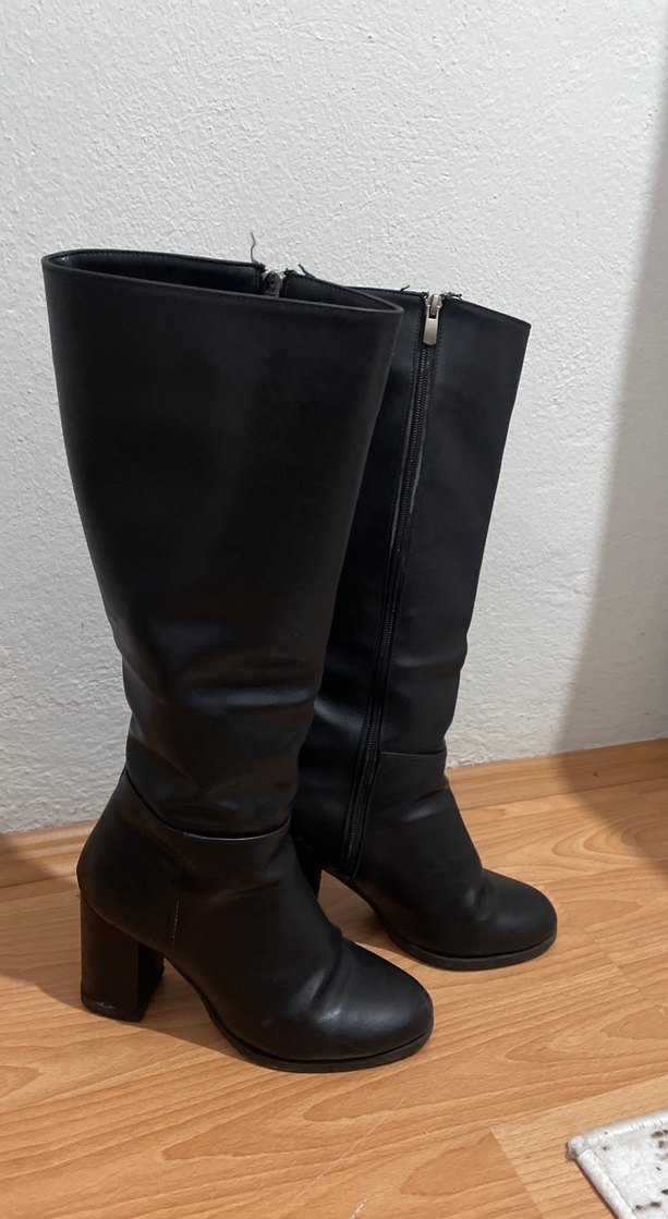 Siyah Deri Diz Üstü Topuklu Kadın Çizme - Görsel 5