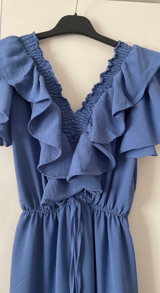 Mavi Uzun Volanlı V Yaka Tulum - Görsel 2