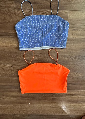 İnce Askılı Mini Crop Top - Mavi ve Turuncu