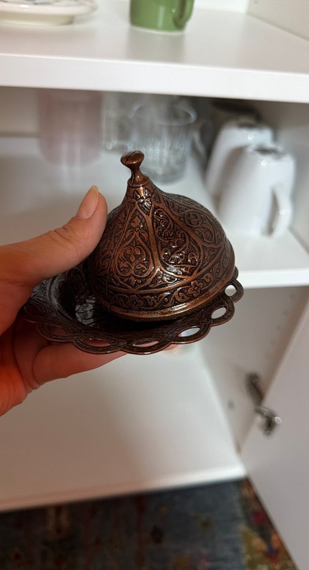 Kahverengi İşlemeli Metal Türk Kahvesi Fincan Seti - Görsel 5