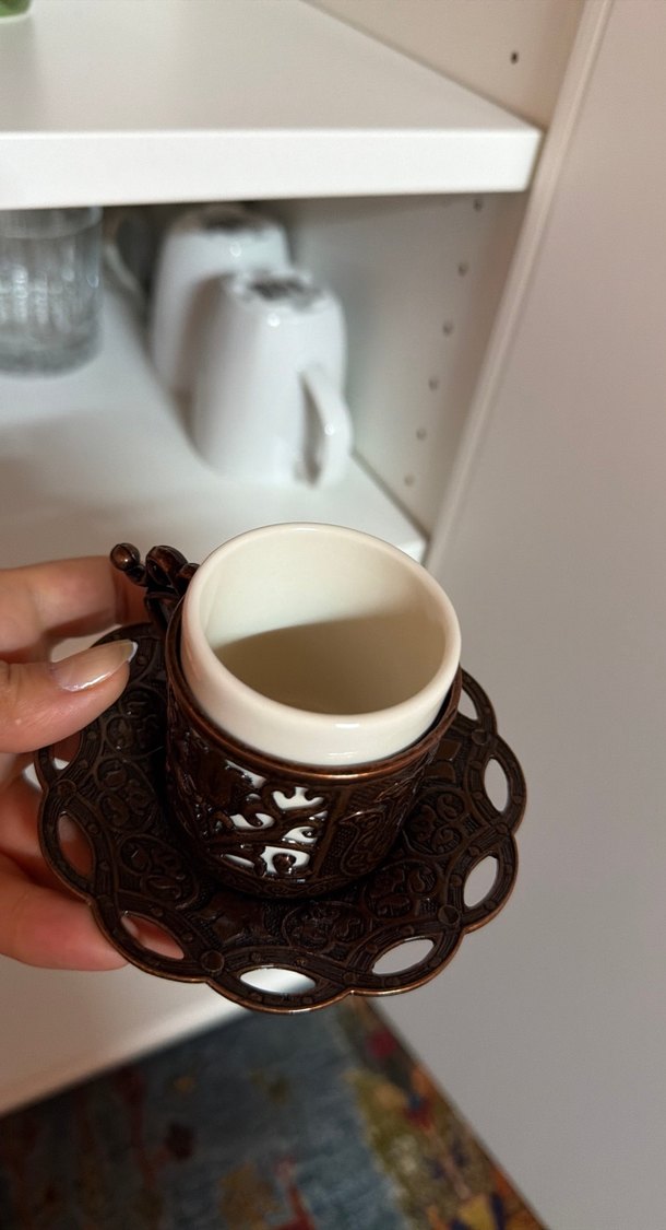 Kahverengi İşlemeli Metal Türk Kahvesi Fincan Seti - Görsel 3