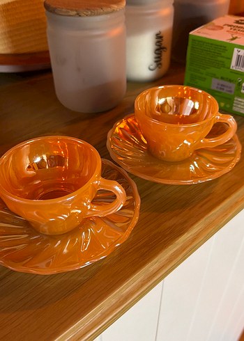 Pastel Turuncu İki Parça Cam Fincan Seti eskitme - Görsel 4