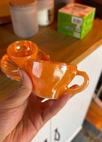 Pastel Turuncu İki Parça Cam Fincan Seti eskitme - Görsel 2