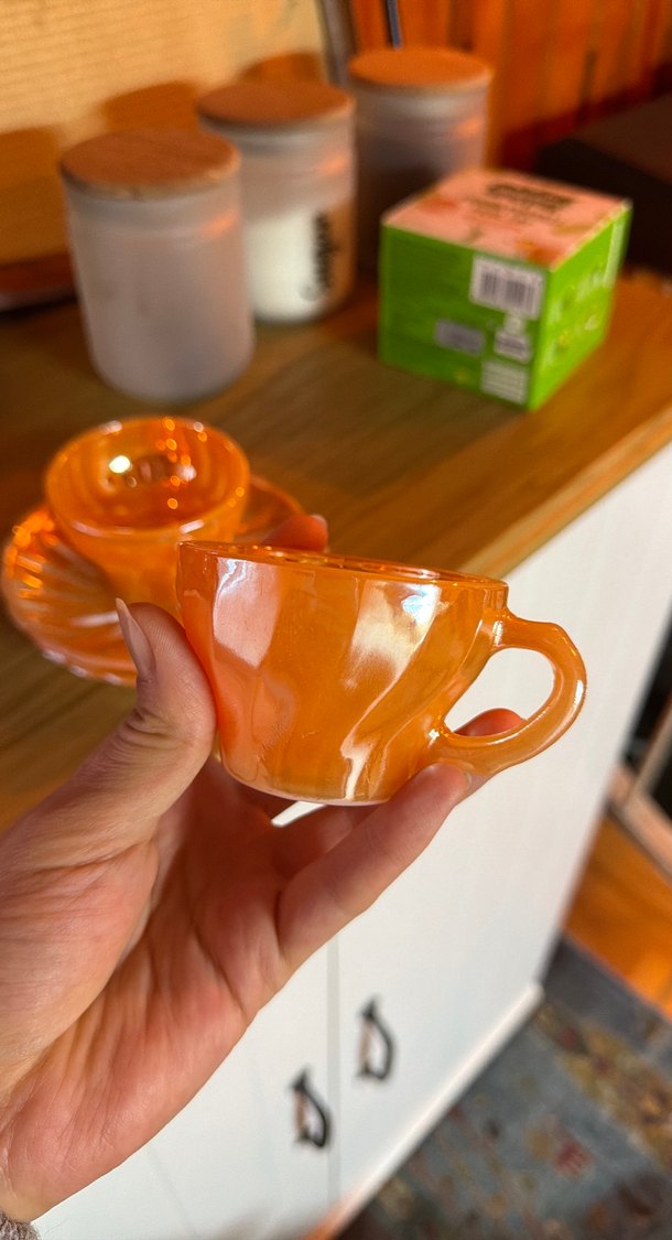 Pastel Turuncu İki Parça Cam Fincan Seti eskitme - Görsel 2