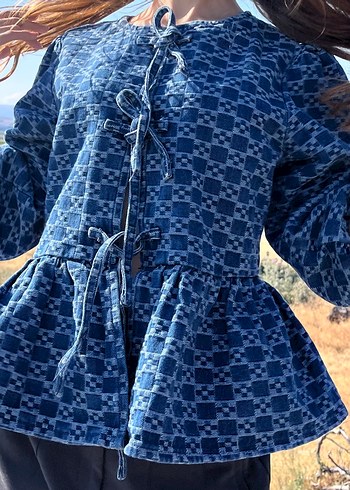 Kadın Mavi Bol Kesim Puf Kollu Denim Ceket