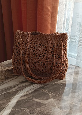 Beden Dantel Detaylı Kahverengi Örgü Bohem Çanta