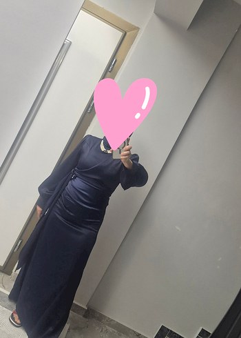 Lacivert Drapeli Uzun Kollu Abiye Elbise - Görsel 2