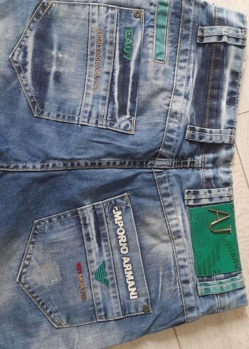 Armani Erkek Mavi Batik Desenli Kemerli Denim Şort - Görsel 5