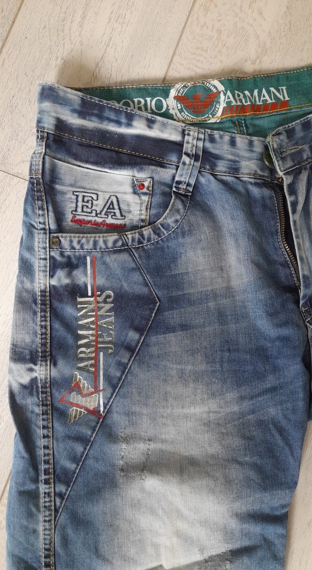 Armani Erkek Mavi Batik Desenli Kemerli Denim Şort - Görsel 2