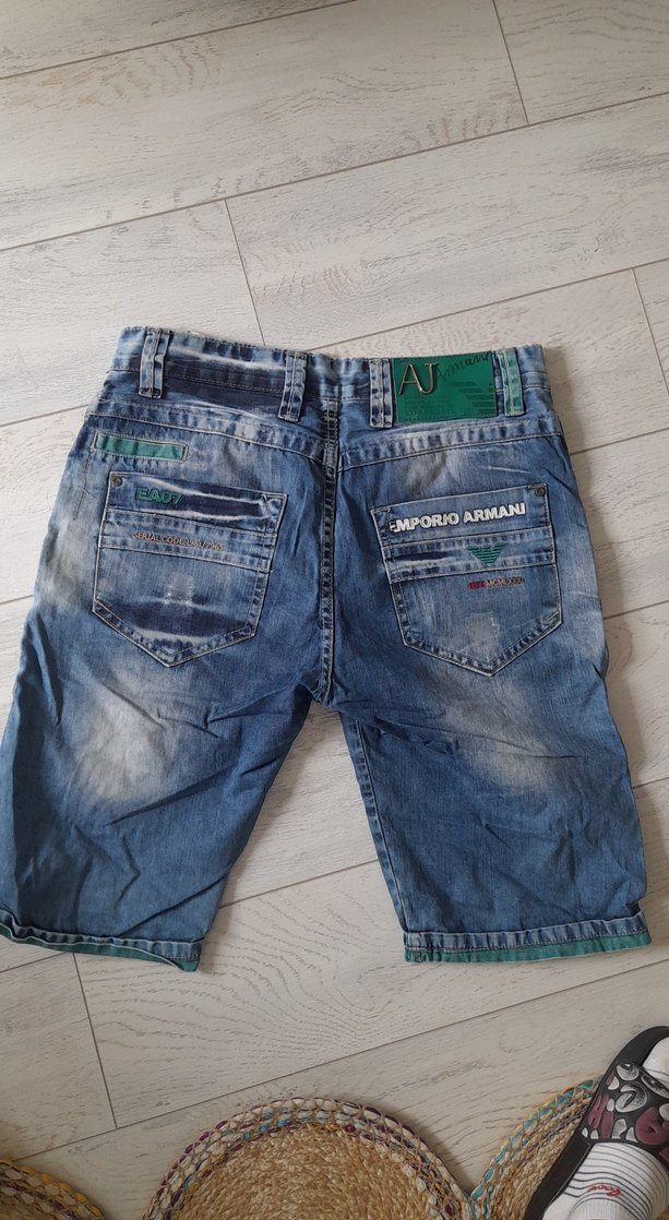 Armani Erkek Mavi Batik Desenli Kemerli Denim Şort - Görsel 4