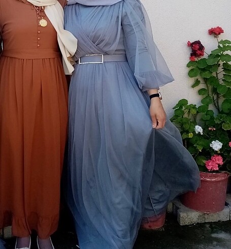 Tesettür gri tül lü abiye