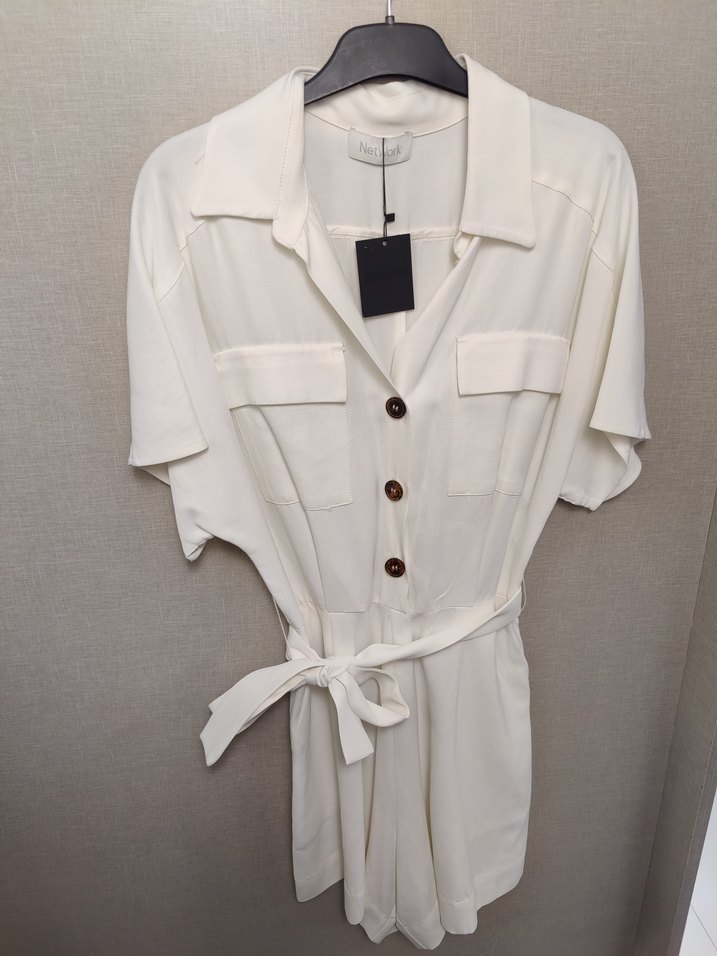 Network marka 38 beden Beyaz Kemerli Kısa Kollu Mini Tulum - Görsel 5