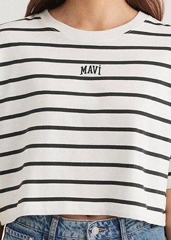 Mavi Baskılı Çizgili Kadın Tişört - Görsel 2