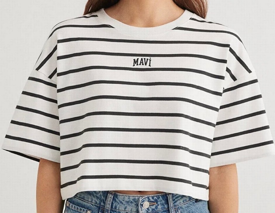 Mavi Baskılı Çizgili Kadın Tişört - Görsel 2