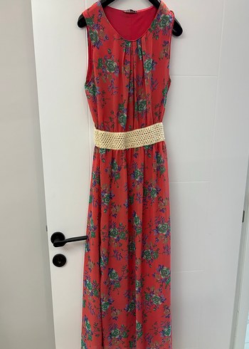 Kırmızı Çiçek Desenli Bohem Uzun Elbise - Görsel 2