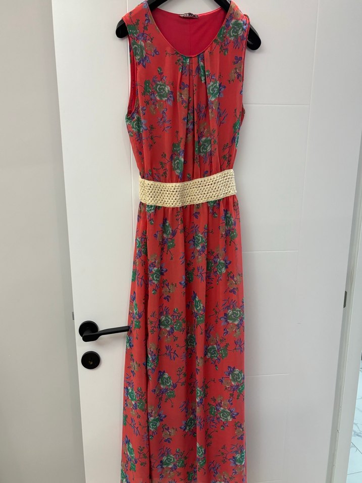 Kırmızı Çiçek Desenli Bohem Uzun Elbise - Görsel 2