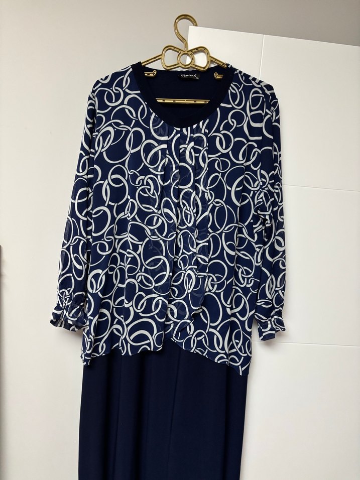 Uzun Kollu Lacivert Desenli Kadın Elbise - Görsel 2