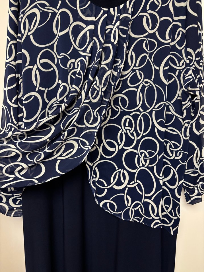 Uzun Kollu Lacivert Desenli Kadın Elbise - Görsel 3