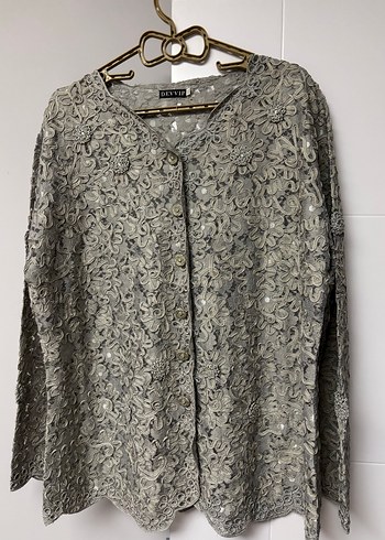 Gri Dantel İşlemeli Uzun Kollu ceket gömlek - Görsel 2