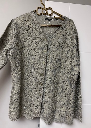 Gri Dantel İşlemeli Uzun Kollu ceket gömlek - Görsel 6