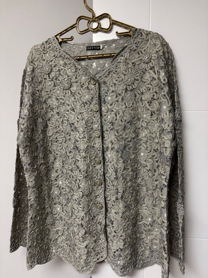 Gri Dantel İşlemeli Uzun Kollu ceket gömlek - Görsel 2