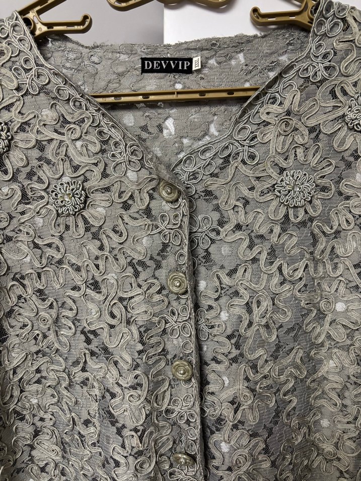 Gri Dantel İşlemeli Uzun Kollu ceket gömlek - Görsel 5