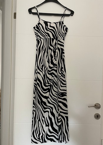 Diğer Zebra Desenli Uzun Askılı Drapeli Elbise