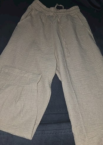 Bej Rahat Kesim Keten Midi Pantolon
