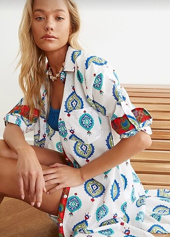 Etnik Desenli Plaj Kimono Kaftan