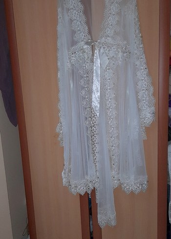 Uzun Beyaz Nakışlı Bohem Kadın Sabahlık taşlı - Görsel 3