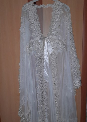 Uzun Beyaz Nakışlı Bohem Kadın Sabahlık taşlı - Görsel 7